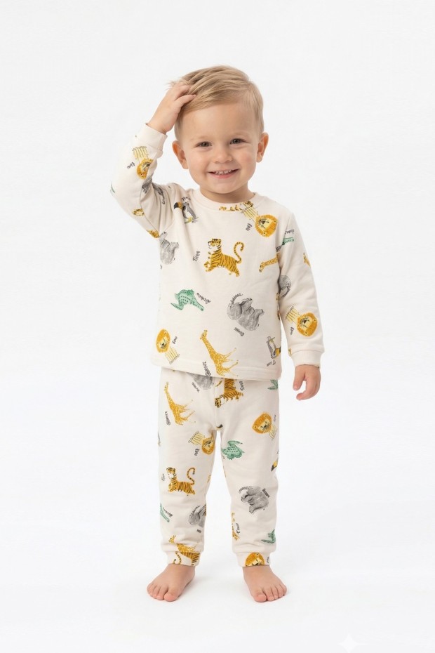 Erkek Bebek Safari Dünyası Hayvan Baskılı %100 Pamuk Reaktif Boyama İnterlok Kumaş Uzun Kollu Pijama Takımı