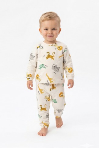 Erkek Bebek Safari Dünyası Hayvan Baskılı %100 Pamuk Reaktif Boyama İnterlok Kumaş Uzun Kollu Pijama Takımı