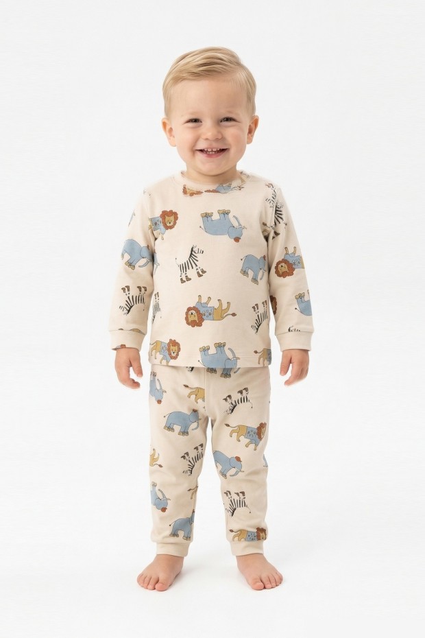 Erkek Bebek Safari Hayvanları Baskılı  %100 Pamuk Reaktif Boyama İnterlok Kumaş Uzun Kollu Pijama Takımı