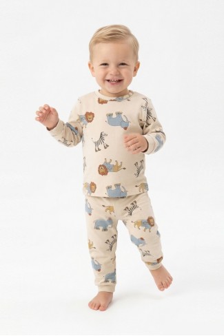 Erkek Bebek Safari Hayvanları Baskılı  %100 Pamuk Reaktif Boyama İnterlok Kumaş Uzun Kollu Pijama Takımı