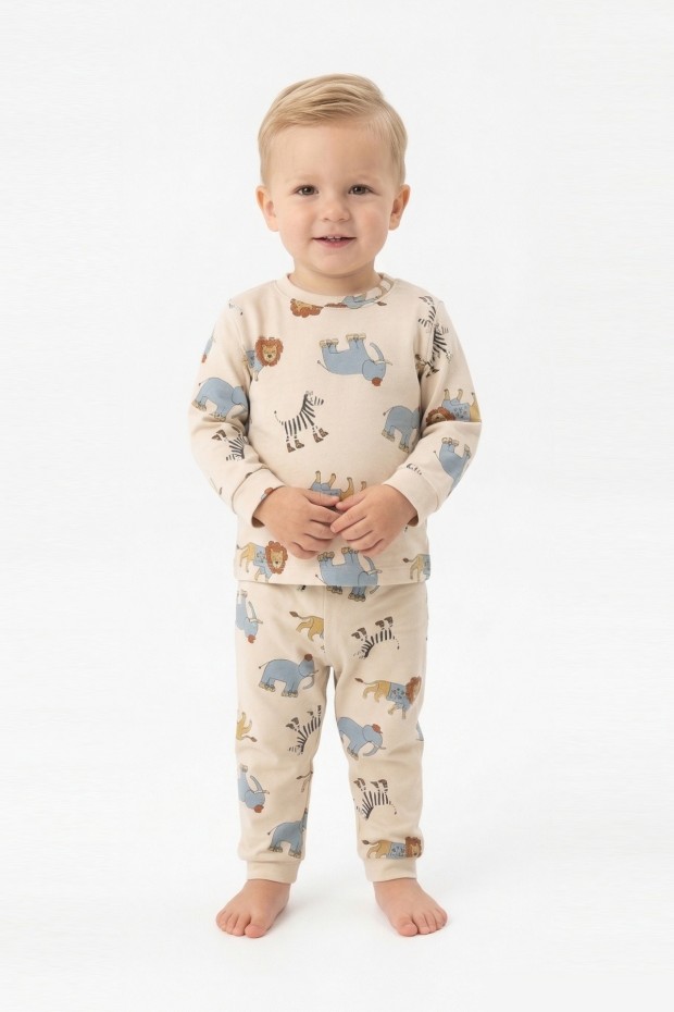 Erkek Bebek Safari Hayvanları Baskılı  %100 Pamuk Reaktif Boyama İnterlok Kumaş Uzun Kollu Pijama Takımı