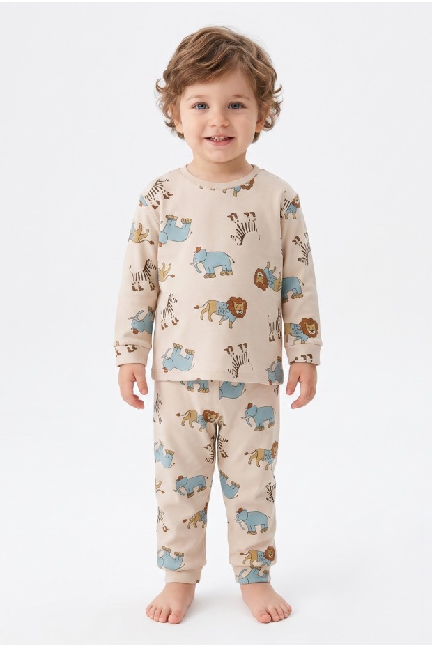 Erkek Bebek Safari Hayvanları Baskılı  %100 Pamuk Reaktif Boyama İnterlok Kumaş Uzun Kollu Pijama Takımı