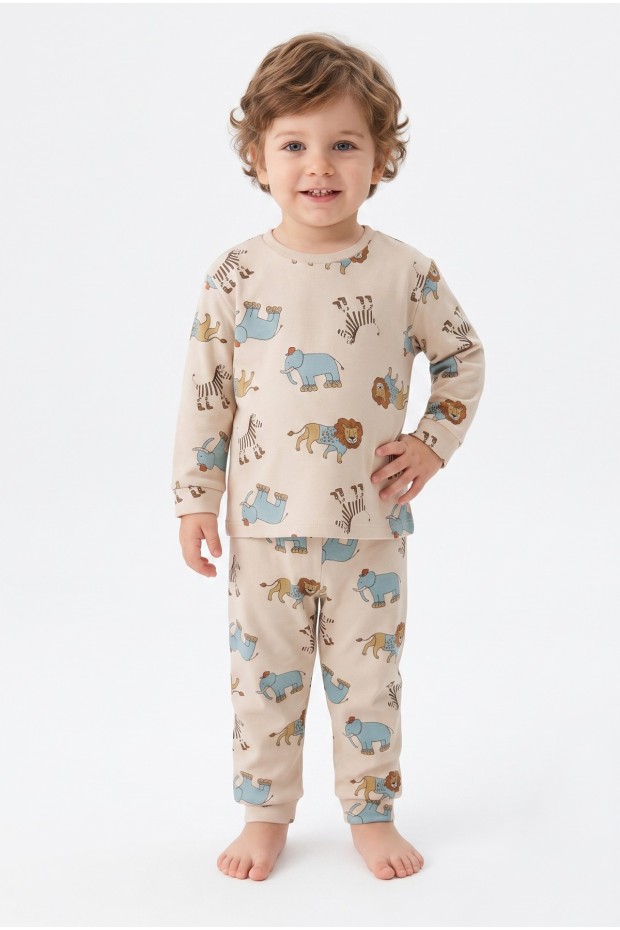 Erkek Bebek Safari Hayvanları Baskılı  %100 Pamuk Reaktif Boyama İnterlok Kumaş Uzun Kollu Pijama Takımı