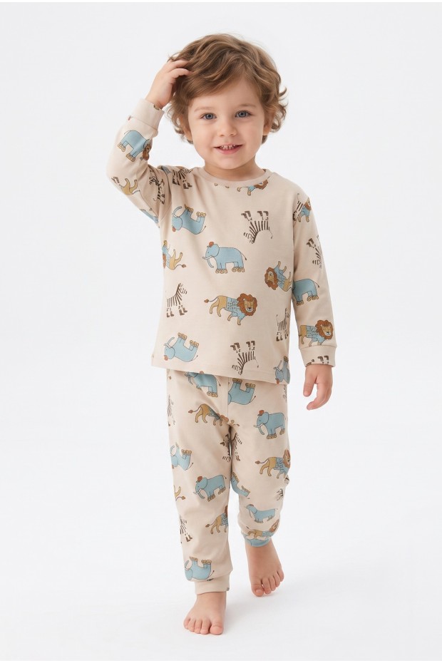 Erkek Bebek Safari Hayvanları Baskılı  %100 Pamuk Reaktif Boyama İnterlok Kumaş Uzun Kollu Pijama Takımı