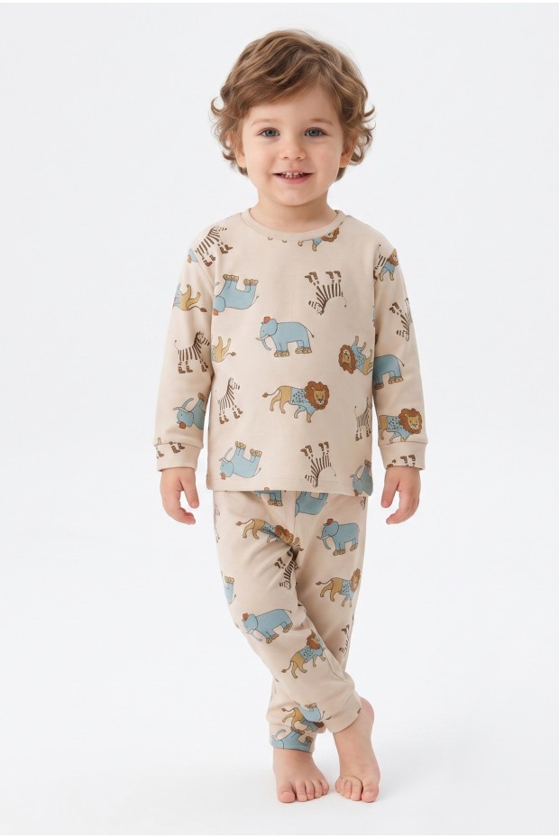 Erkek Bebek Safari Hayvanları Baskılı  %100 Pamuk Reaktif Boyama İnterlok Kumaş Uzun Kollu Pijama Takımı