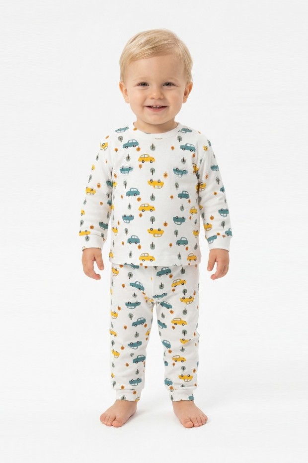 Erkek Bebek Araba ve Ağaç Desenli %100 Pamuk Reaktif Boyama İnterlok Kumaş Uzun Kollu Pijama Takımı