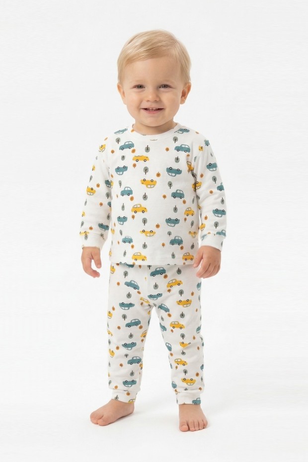 Erkek Bebek Araba ve Ağaç Desenli %100 Pamuk Reaktif Boyama İnterlok Kumaş Uzun Kollu Pijama Takımı