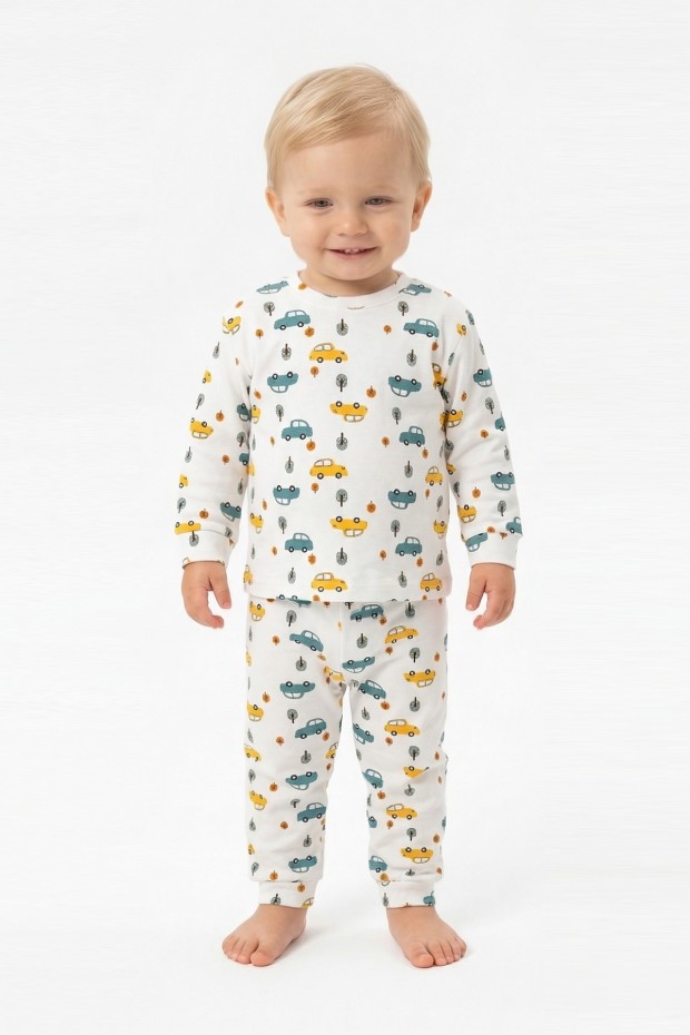 Erkek Bebek Araba ve Ağaç Desenli %100 Pamuk Reaktif Boyama İnterlok Kumaş Uzun Kollu Pijama Takımı