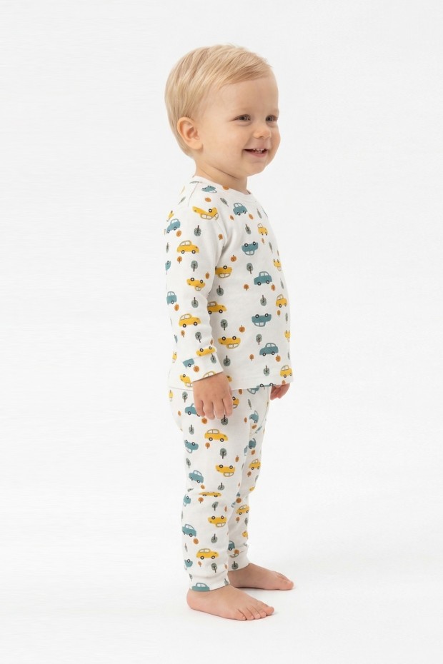 Erkek Bebek Araba ve Ağaç Desenli %100 Pamuk Reaktif Boyama İnterlok Kumaş Uzun Kollu Pijama Takımı