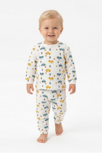 Erkek Bebek Araba ve Ağaç Desenli %100 Pamuk Reaktif Boyama İnterlok Kumaş Uzun Kollu Pijama Takımı