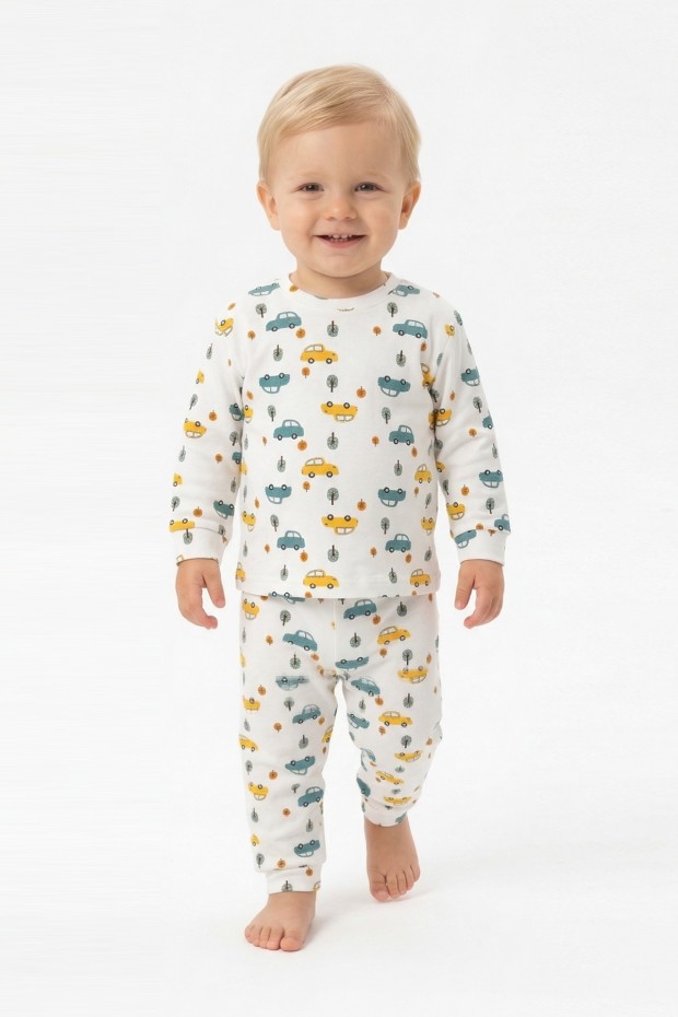 Erkek Bebek Araba ve Ağaç Desenli %100 Pamuk Reaktif Boyama İnterlok Kumaş Uzun Kollu Pijama Takımı