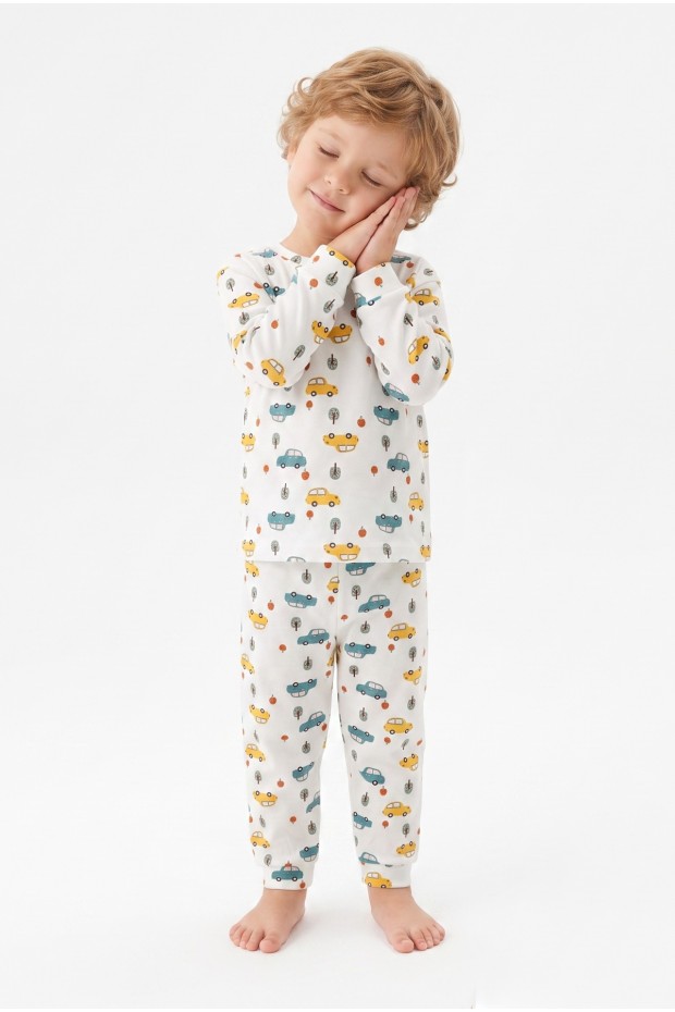 Erkek Bebek Araba ve Ağaç Desenli %100 Pamuk Reaktif Boyama İnterlok Kumaş Uzun Kollu Pijama Takımı