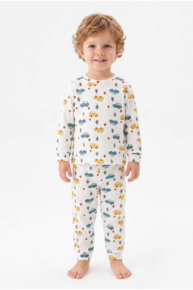 Erkek Bebek Araba ve Ağaç Desenli %100 Pamuk Reaktif Boyama İnterlok Kumaş Uzun Kollu Pijama Takımı
