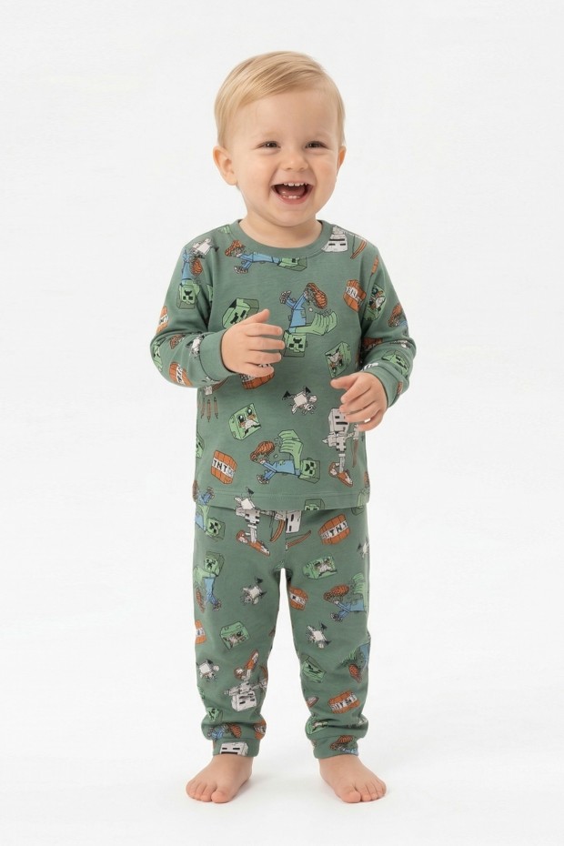 Erkek Bebek Oyun Karakterleri Baskılı %100 Pamuk Reaktif Boyama İnterlok Kumaş Uzun Kollu Pijama Takımı