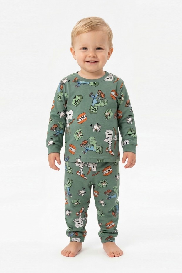 Erkek Bebek Oyun Karakterleri Baskılı %100 Pamuk Reaktif Boyama İnterlok Kumaş Uzun Kollu Pijama Takımı
