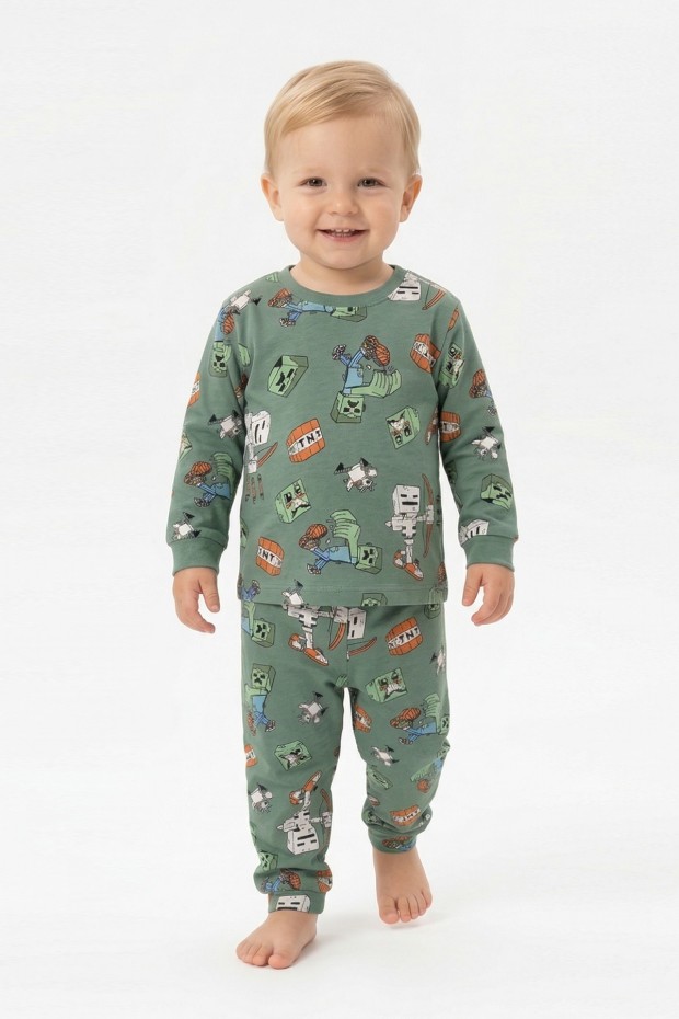 Erkek Bebek Oyun Karakterleri Baskılı %100 Pamuk Reaktif Boyama İnterlok Kumaş Uzun Kollu Pijama Takımı