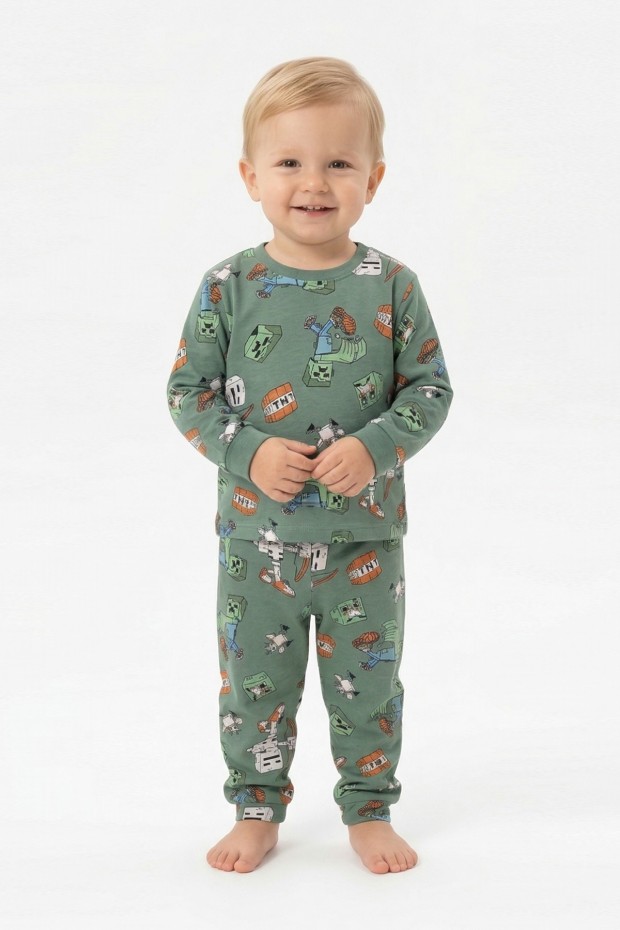 Erkek Bebek Oyun Karakterleri Baskılı %100 Pamuk Reaktif Boyama İnterlok Kumaş Uzun Kollu Pijama Takımı