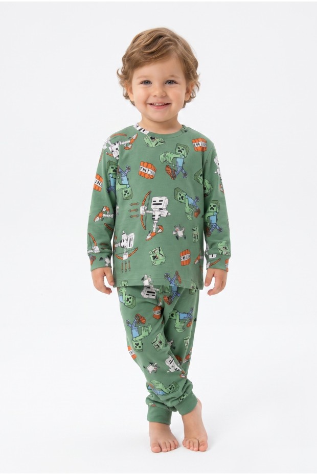 Erkek Bebek Oyun Karakterleri Baskılı %100 Pamuk Reaktif Boyama İnterlok Kumaş Uzun Kollu Pijama Takımı
