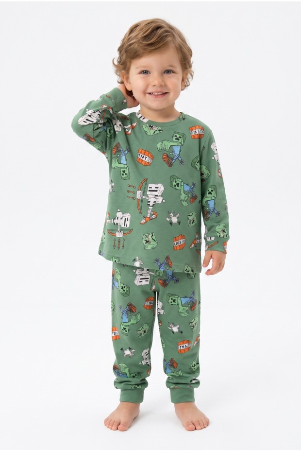 Erkek Bebek Oyun Karakterleri Baskılı %100 Pamuk Reaktif Boyama İnterlok Kumaş Uzun Kollu Pijama Takımı