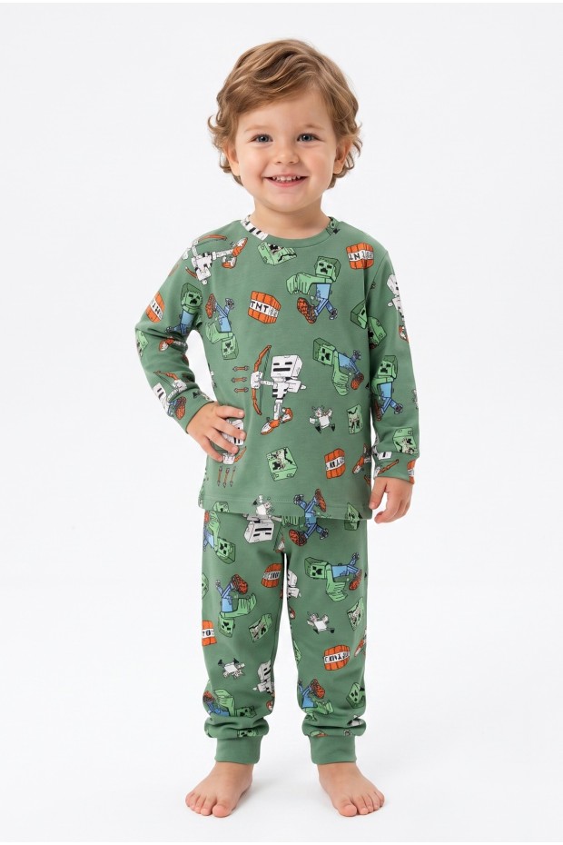 Erkek Bebek Oyun Karakterleri Baskılı %100 Pamuk Reaktif Boyama İnterlok Kumaş Uzun Kollu Pijama Takımı