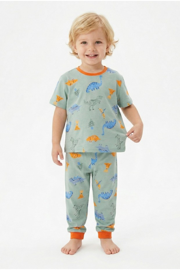 Erkek Bebek Dinozor Desenli %100 Pamuk Reaktif Boyalı Süprem Kumaş Kısa Kollu Pijama Takımı 