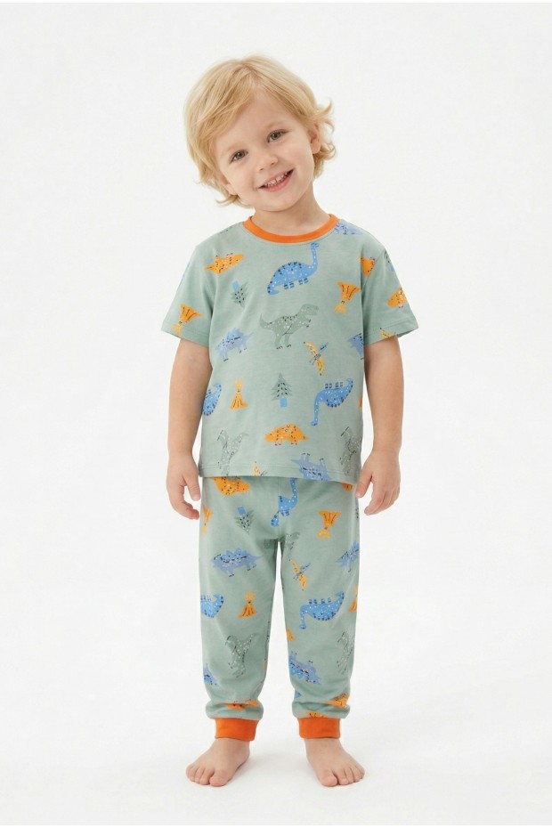 Erkek Bebek Dinozor Desenli %100 Pamuk Reaktif Boyalı Süprem Kumaş Kısa Kollu Pijama Takımı 