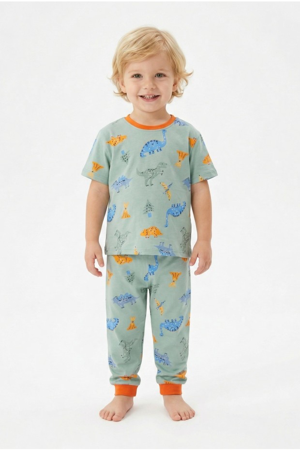Erkek Bebek Dinozor Desenli %100 Pamuk Reaktif Boyalı Süprem Kumaş Kısa Kollu Pijama Takımı 