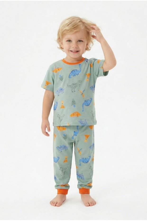 Erkek Bebek Dinozor Desenli %100 Pamuk Reaktif Boyalı Süprem Kumaş Kısa Kollu Pijama Takımı 