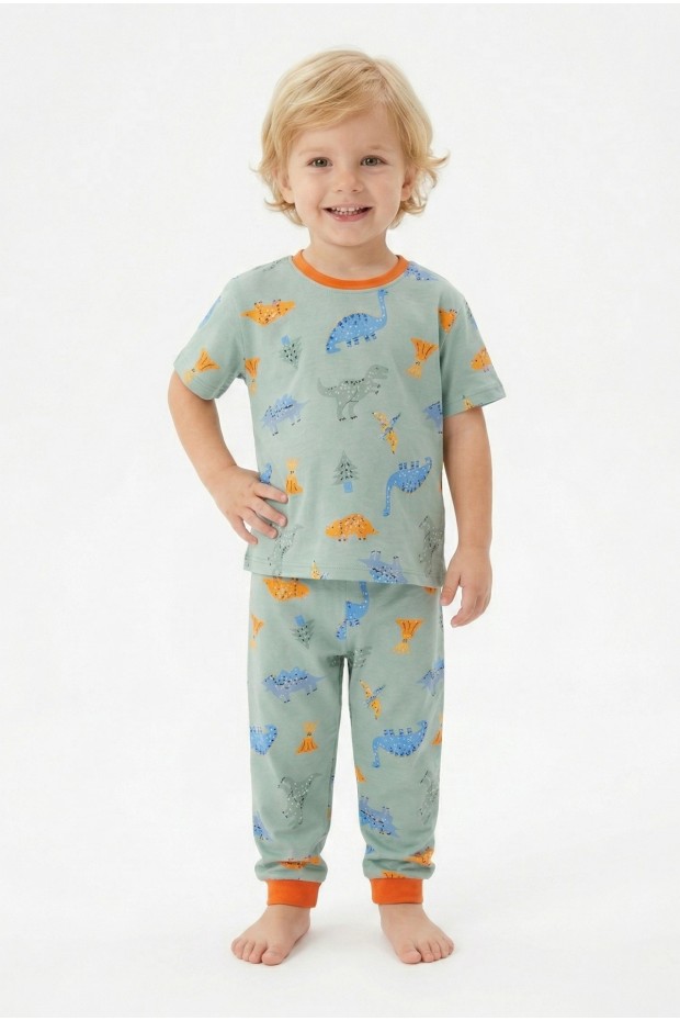 Erkek Bebek Dinozor Desenli %100 Pamuk Reaktif Boyalı Süprem Kumaş Kısa Kollu Pijama Takımı 