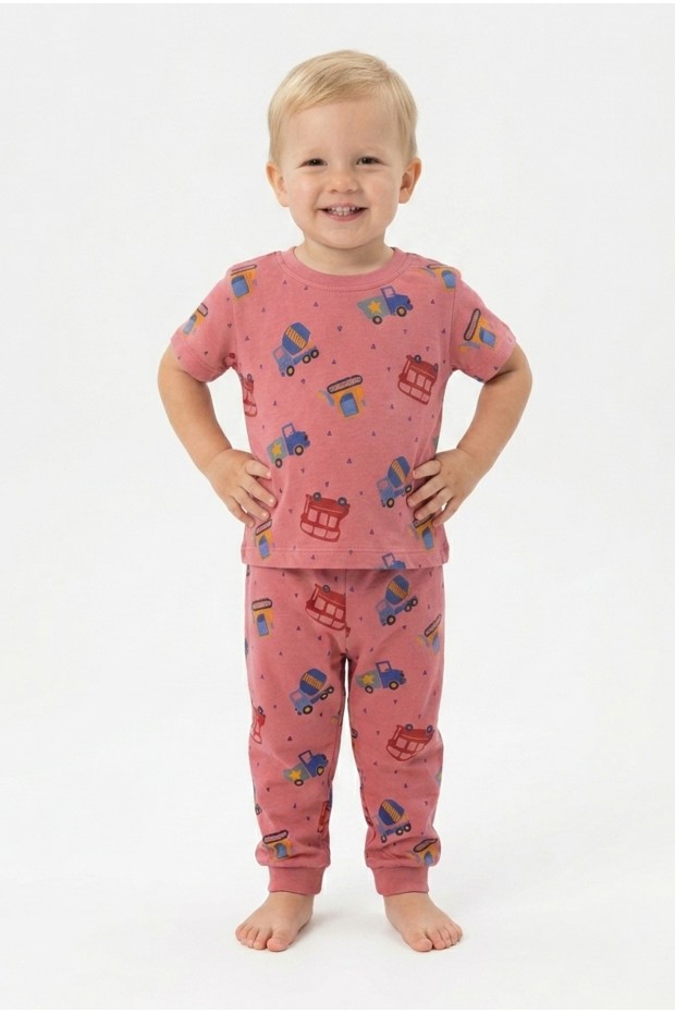 Erkek Bebek Araba Desenli  %100 Pamuk Reaktif Boyalı Süprem Kumaş Kısa Kollu Pijama Takımı