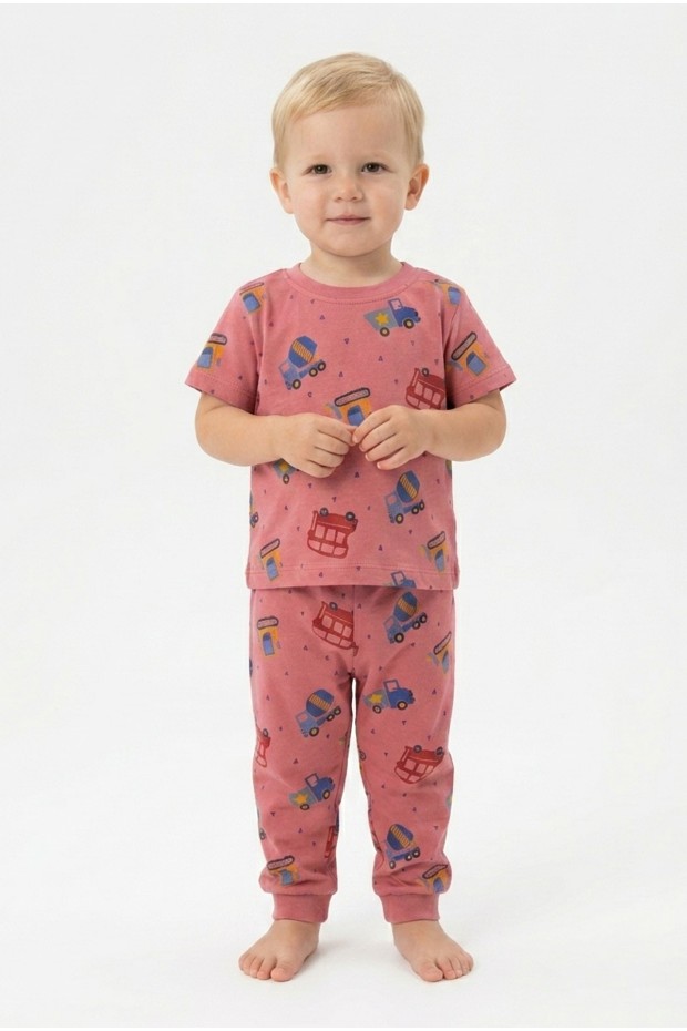 Erkek Bebek Araba Desenli  %100 Pamuk Reaktif Boyalı Süprem Kumaş Kısa Kollu Pijama Takımı