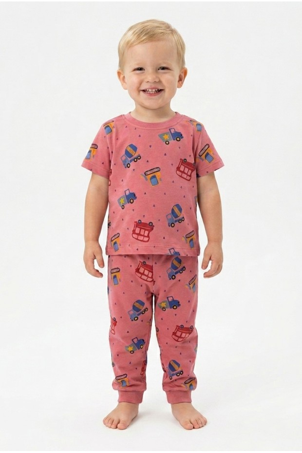 Erkek Bebek Araba Desenli  %100 Pamuk Reaktif Boyalı Süprem Kumaş Kısa Kollu Pijama Takımı