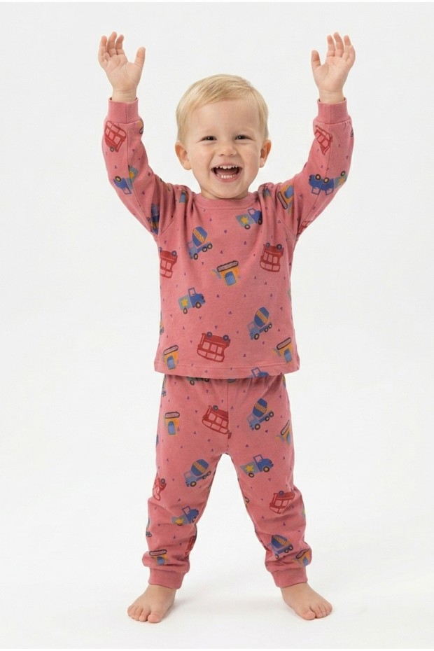 Erkek Bebek Araba Desenli  %100 Pamuk Reaktif Boyalı Süprem Kumaş Kısa Kollu Pijama Takımı