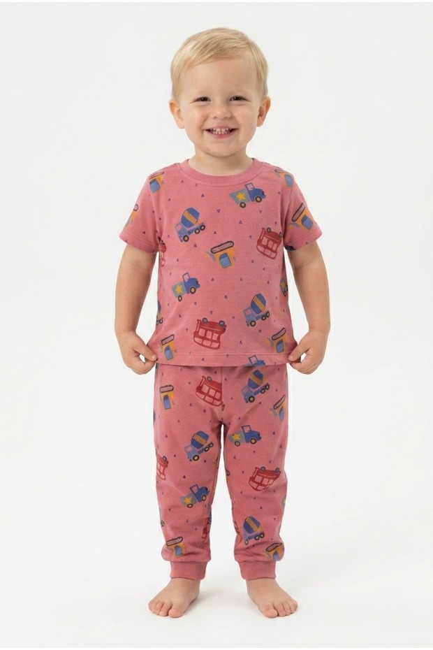 Erkek Bebek Araba Desenli  %100 Pamuk Reaktif Boyalı Süprem Kumaş Kısa Kollu Pijama Takımı