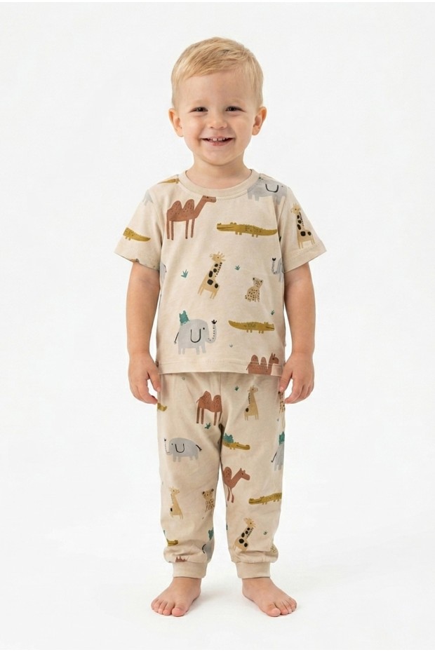 Erkek Bebek Safari Hayvan Desenli  %100 Pamuk Reaktif Boyalı Süprem Kumaş Kısa Kollu Pijama Takımı