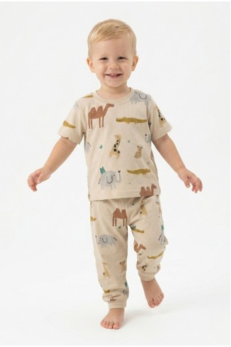 Erkek Bebek Safari Hayvan Desenli  %100 Pamuk Reaktif Boyalı Süprem Kumaş Kısa Kollu Pijama Takımı