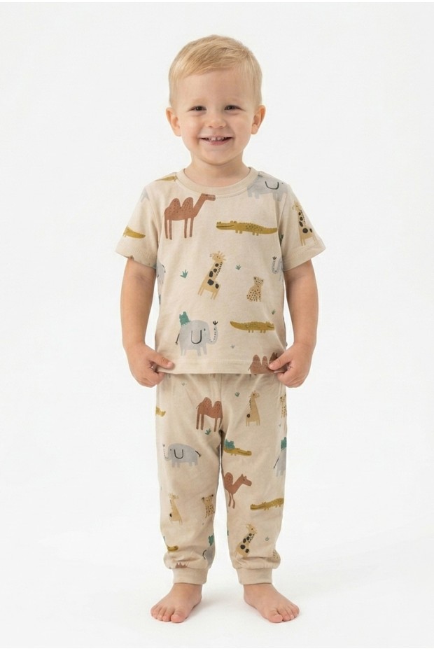 Erkek Bebek Safari Hayvan Desenli  %100 Pamuk Reaktif Boyalı Süprem Kumaş Kısa Kollu Pijama Takımı