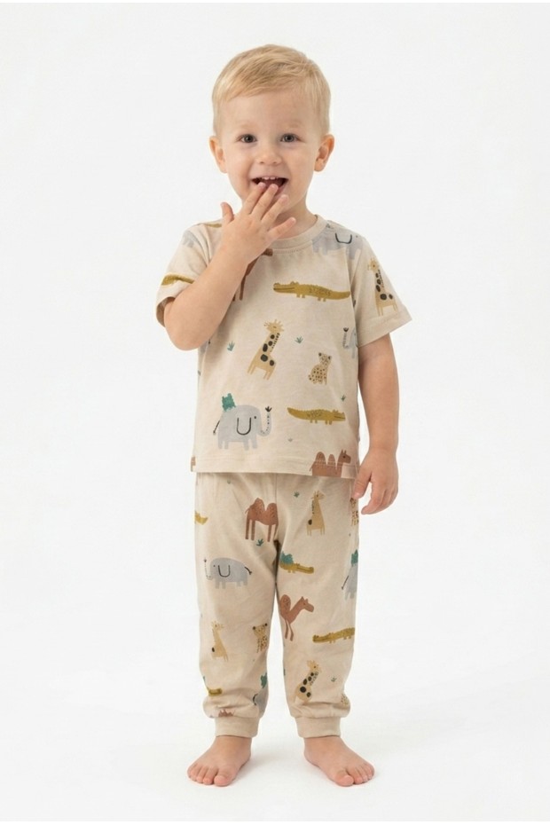 Erkek Bebek Safari Hayvan Desenli  %100 Pamuk Reaktif Boyalı Süprem Kumaş Kısa Kollu Pijama Takımı