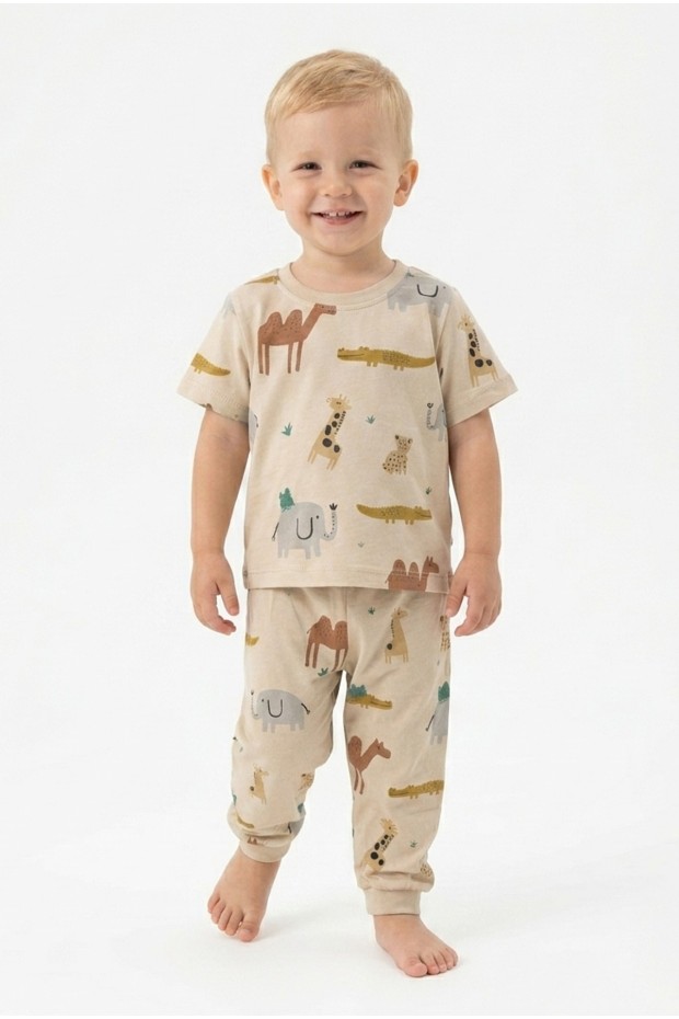 Erkek Bebek Safari Hayvan Desenli  %100 Pamuk Reaktif Boyalı Süprem Kumaş Kısa Kollu Pijama Takımı