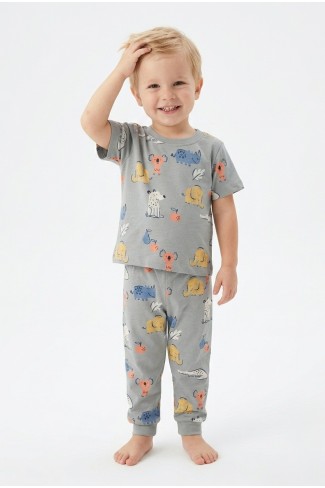 Erkek Bebek Koala ve Fil Figürlü %100 Pamuk Reaktif Boyalı Süprem Kumaş Kısa Kollu Pijama Takımı