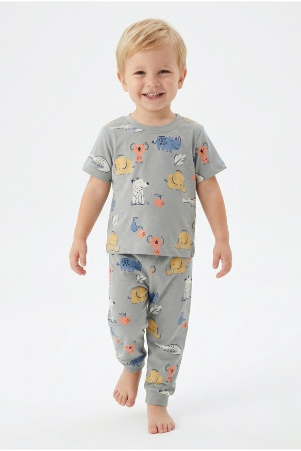 Erkek Bebek Koala ve Fil Figürlü %100 Pamuk Reaktif Boyalı Süprem Kumaş Kısa Kollu Pijama Takımı