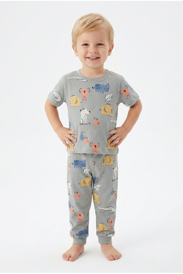 Erkek Bebek Koala ve Fil Figürlü %100 Pamuk Reaktif Boyalı Süprem Kumaş Kısa Kollu Pijama Takımı
