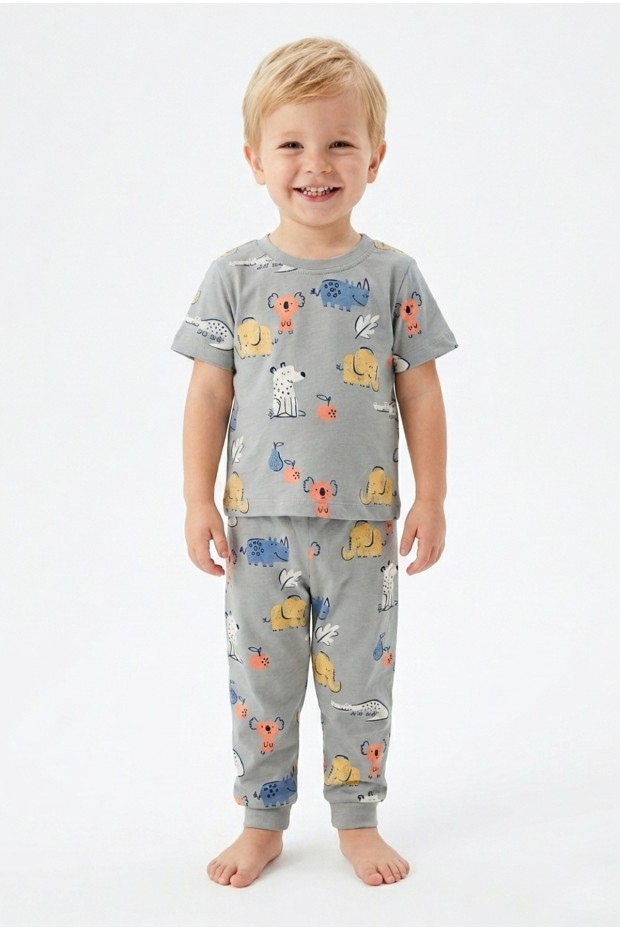 Erkek Bebek Koala ve Fil Figürlü %100 Pamuk Reaktif Boyalı Süprem Kumaş Kısa Kollu Pijama Takımı
