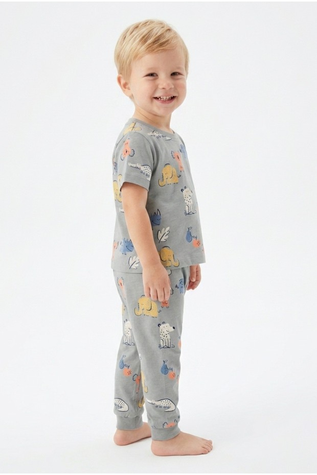 Erkek Bebek Koala ve Fil Figürlü %100 Pamuk Reaktif Boyalı Süprem Kumaş Kısa Kollu Pijama Takımı