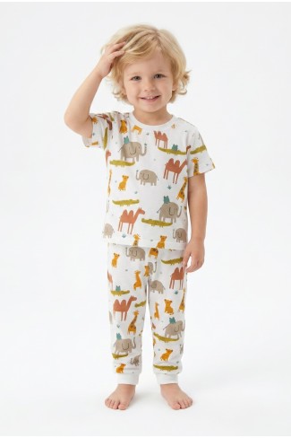 Erkek Bebek Safari Hayvan Desenli  %100 Pamuk Süprem Kumaş Kısa Kollu Pijama Takımı