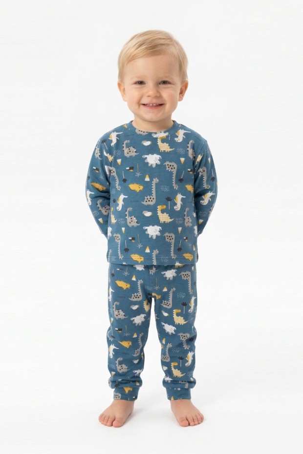 Erkek Bebek Dinozor Desenli %100 Pamuk Reaktif Boyama İnterlok Kumaşş Uzun Kollu Pijama Takımı