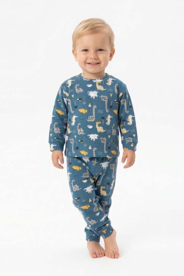 Erkek Bebek Dinozor Desenli %100 Pamuk Reaktif Boyama İnterlok Kumaşş Uzun Kollu Pijama Takımı