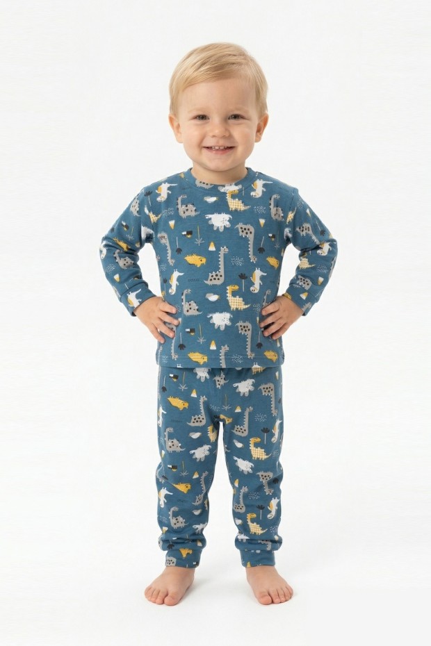 Erkek Bebek Dinozor Desenli %100 Pamuk Reaktif Boyama İnterlok Kumaşş Uzun Kollu Pijama Takımı