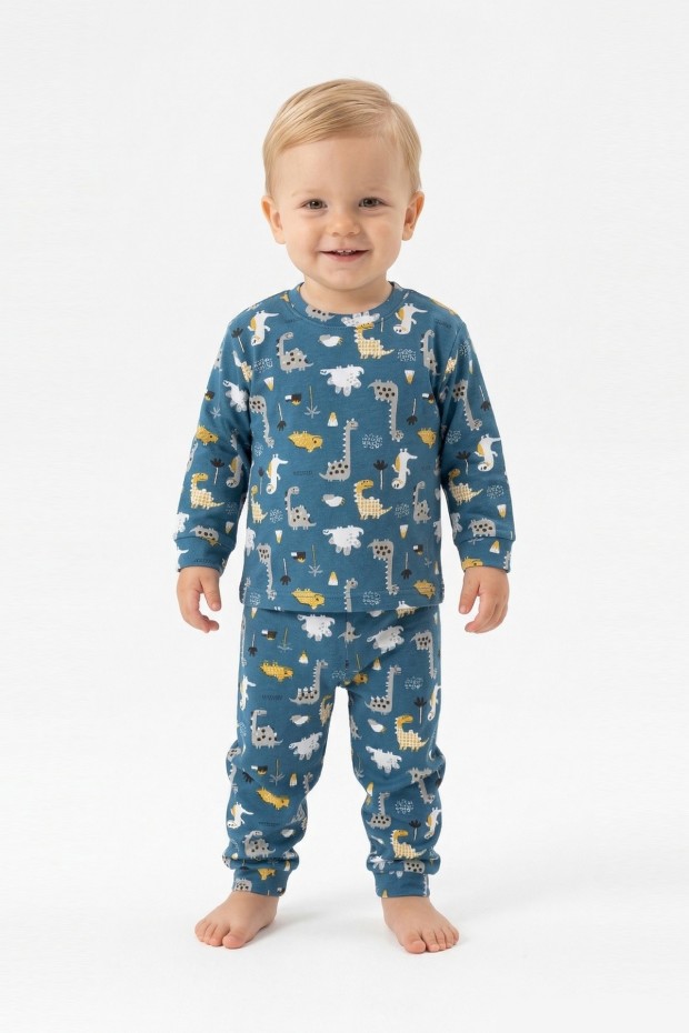 Erkek Bebek Dinozor Desenli %100 Pamuk Reaktif Boyama İnterlok Kumaşş Uzun Kollu Pijama Takımı