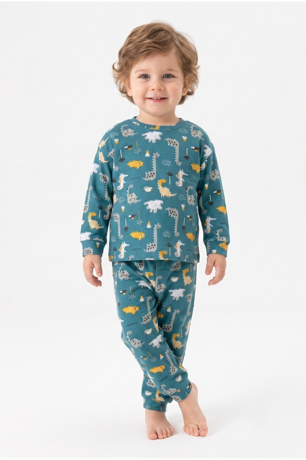 Erkek Bebek Dinozor Desenli %100 Pamuk Reaktif Boyama İnterlok Kumaşş Uzun Kollu Pijama Takımı 